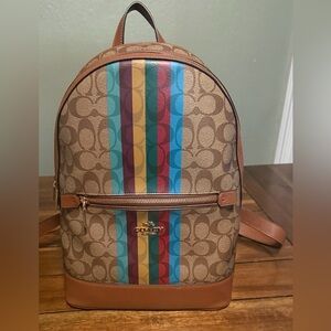 Coach Brown Backpack with Colorful Stripes